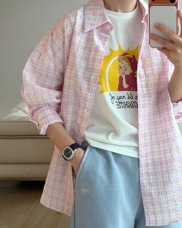 Oversized Pastel Plaid Button-Up Shirt