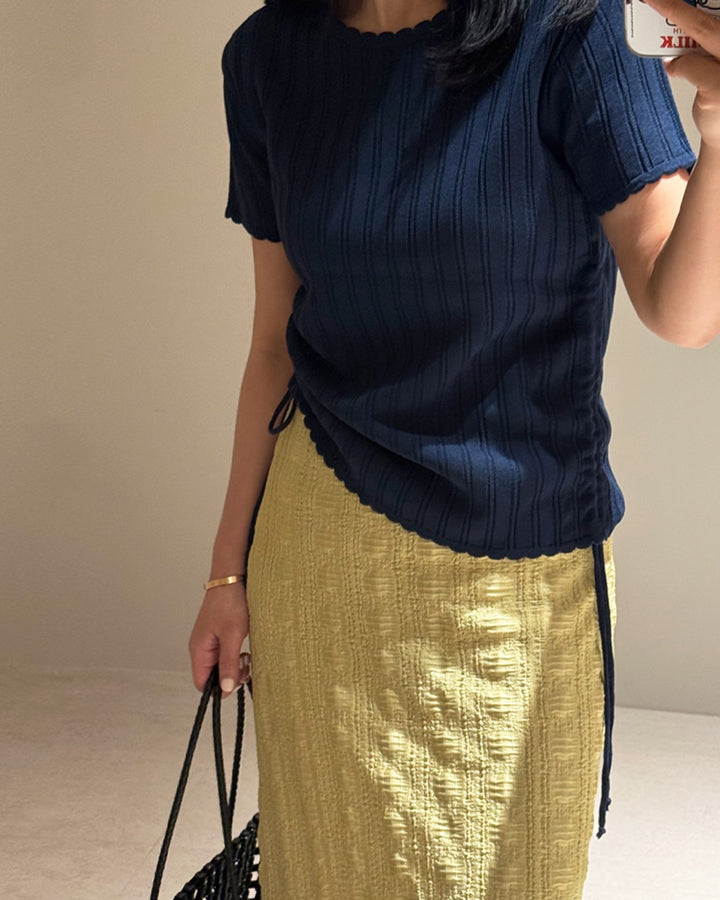 Side Ruched Drawstring Short Sleeve Knit