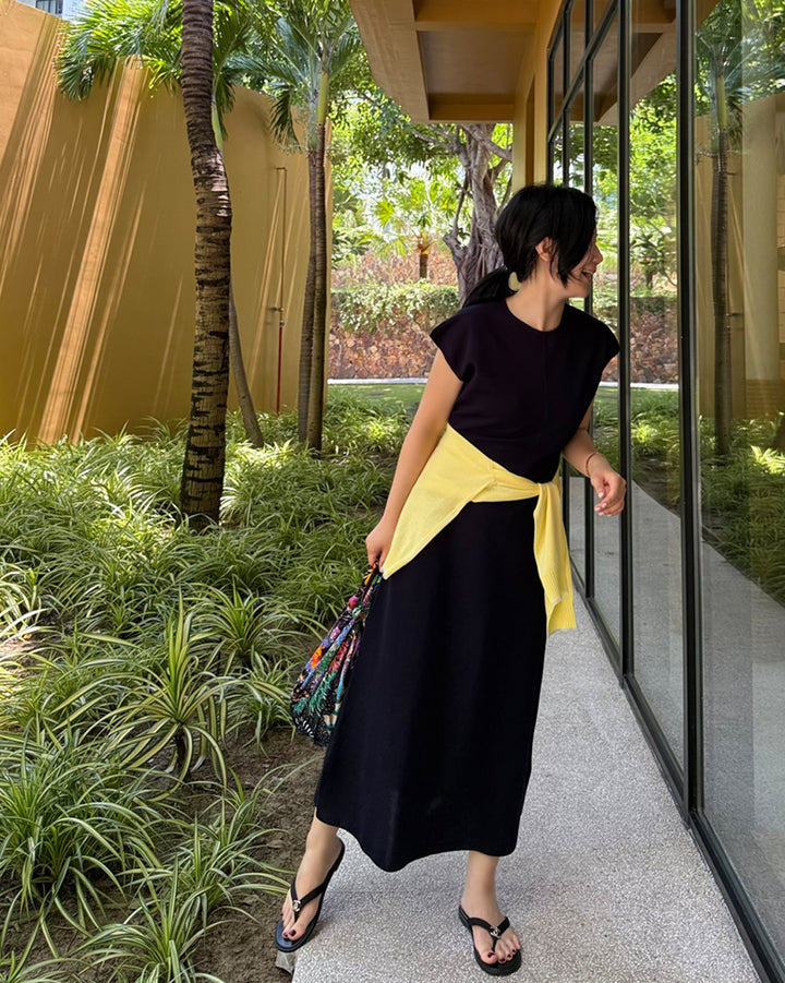 Cotton Viscose Blend Cap Sleeve Maxi Knit Dress