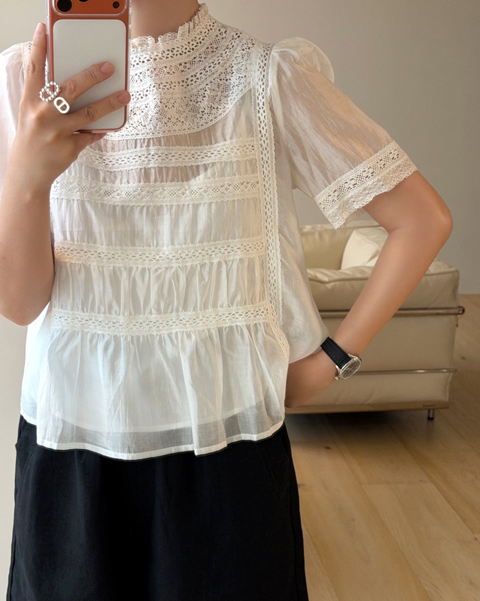 Romantic Mock Neck Lace Insert Blouse