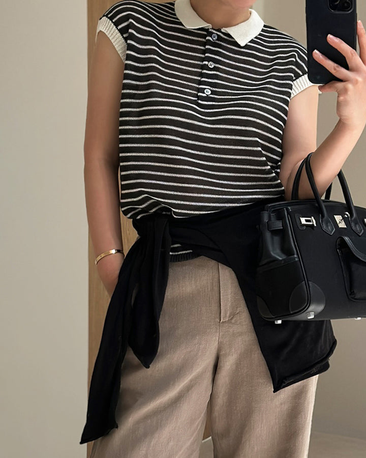 Cap Sleeve Striped Polo Knit Top