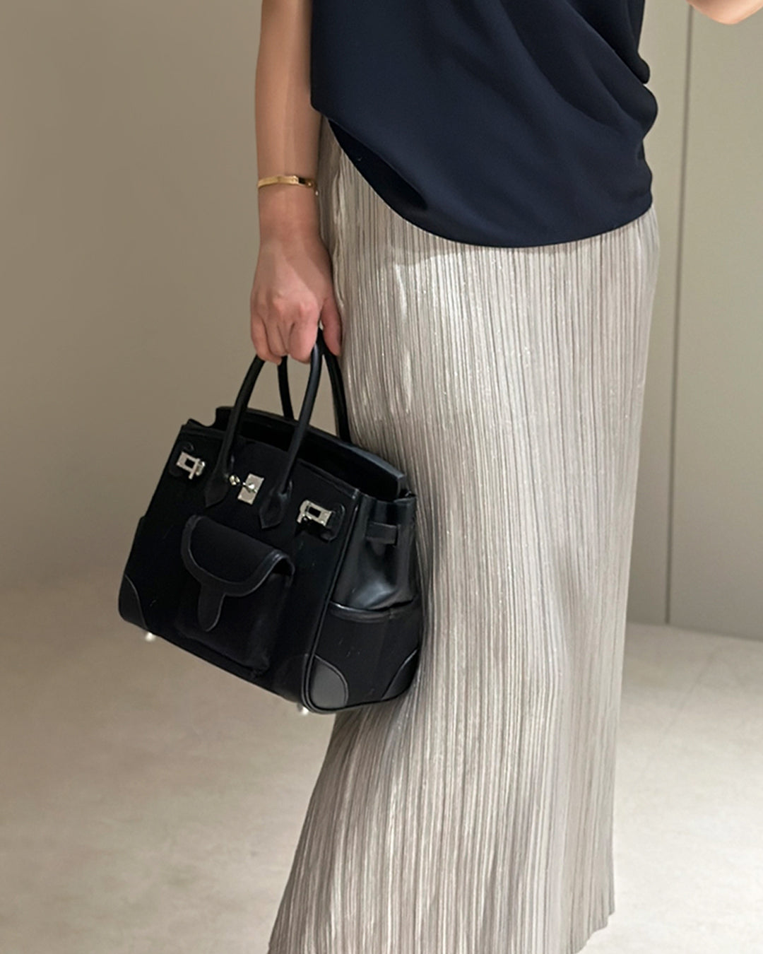 Shimmer Pleated Elastic Maxi Skirt