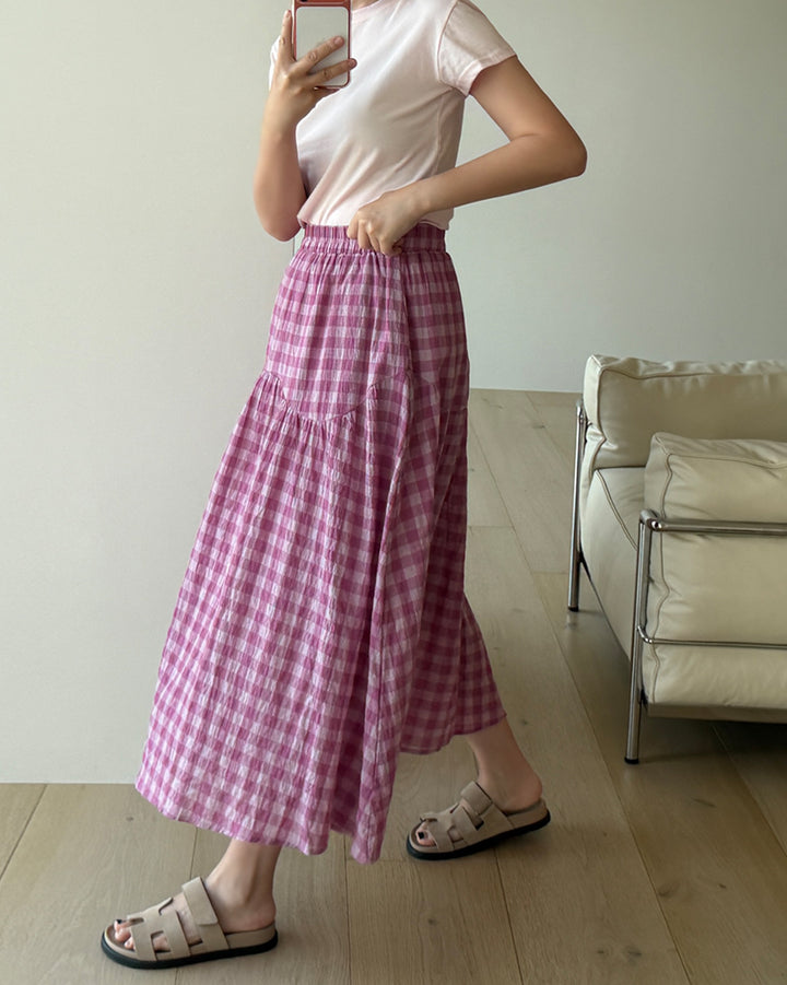 Gingham Tiered Elastic Waist Maxi Skirt