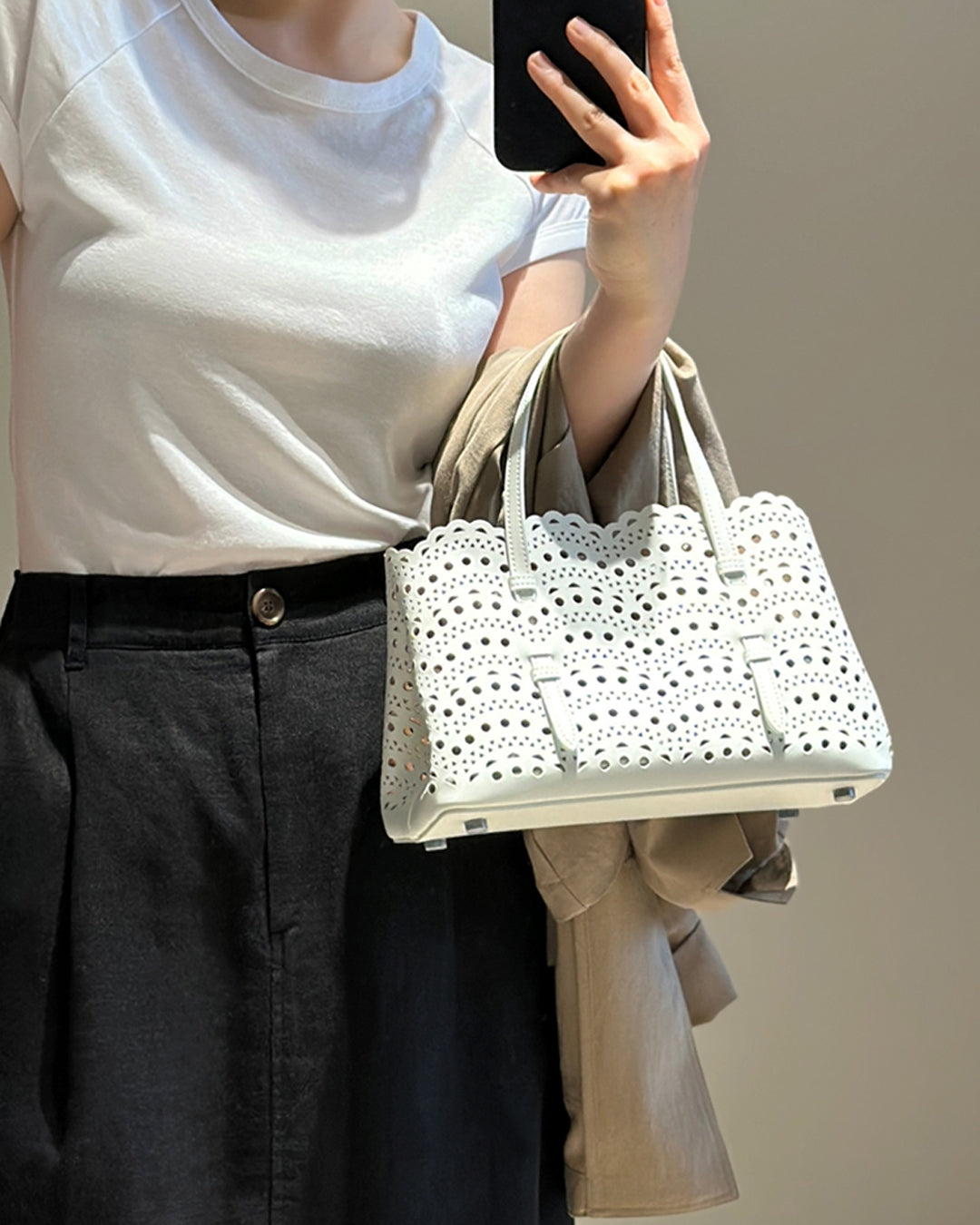 Lace-Cut Scallop Leather Tote Bag