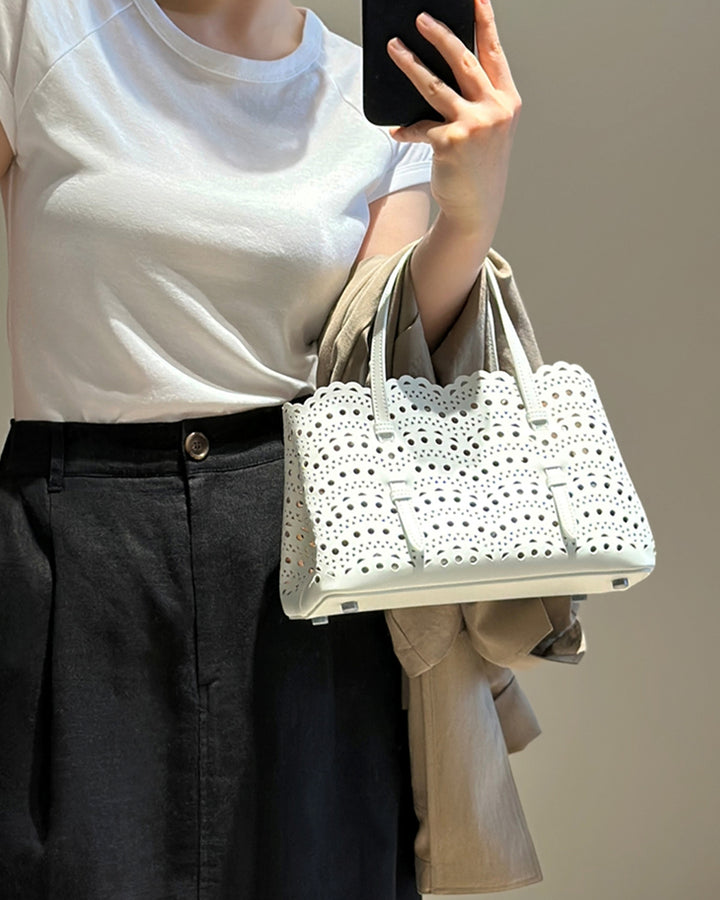 Lace-Cut Scallop Leather Tote Bag