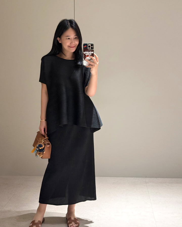 Asymmetric Pleated Top and Maxi Skirt Set