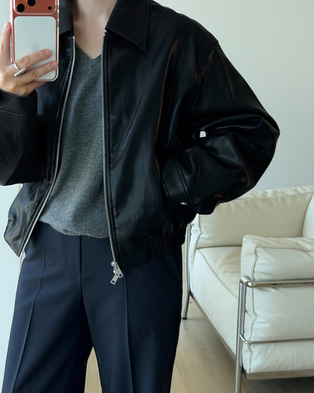 Two-Way Zip Leather Blouson Jacket