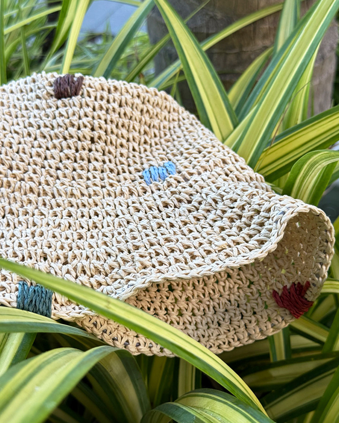 Colorful Embroidered Paper Straw Bucket Hat