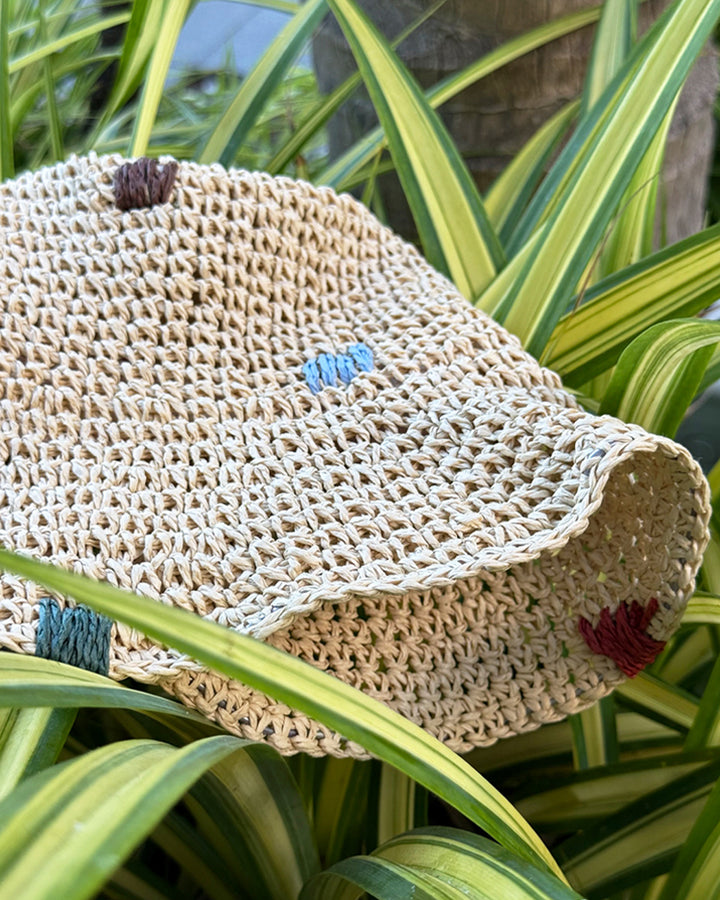 Colorful Embroidered Paper Straw Bucket Hat
