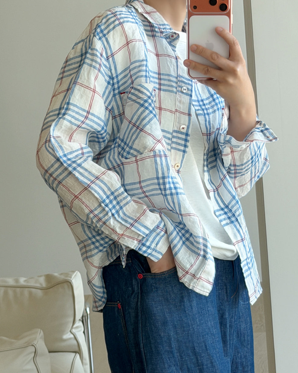 Storynine Airy Linen Plaid Shirt with Contrast Details