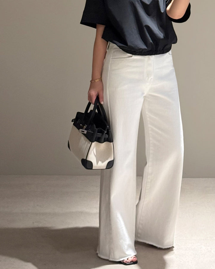 Raw Hem Wide Flared White Jeans