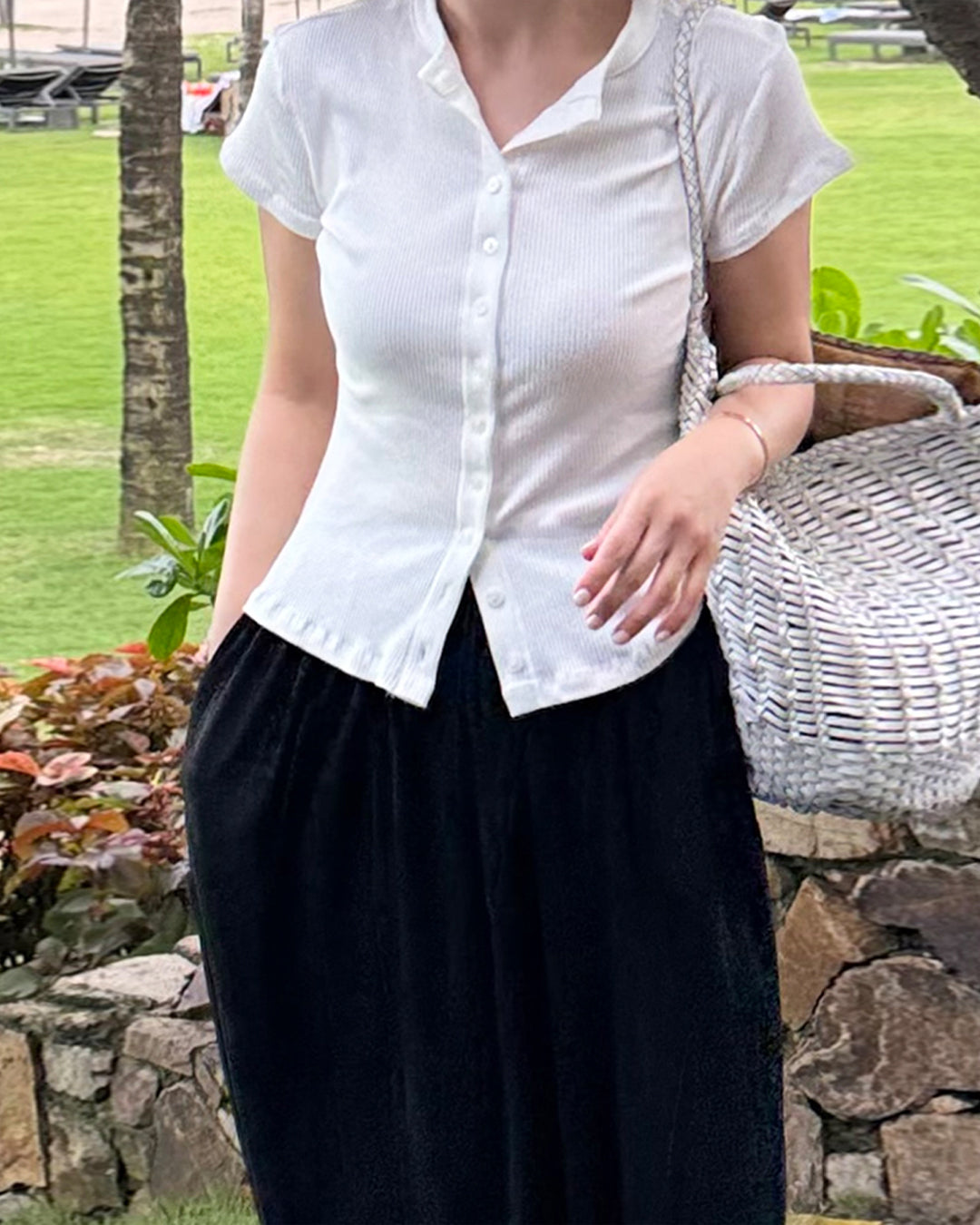 Ribbed Button-Down Short Sleeve Tee