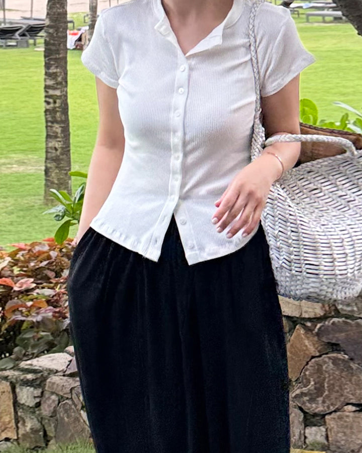 Ribbed Button-Down Short Sleeve Tee