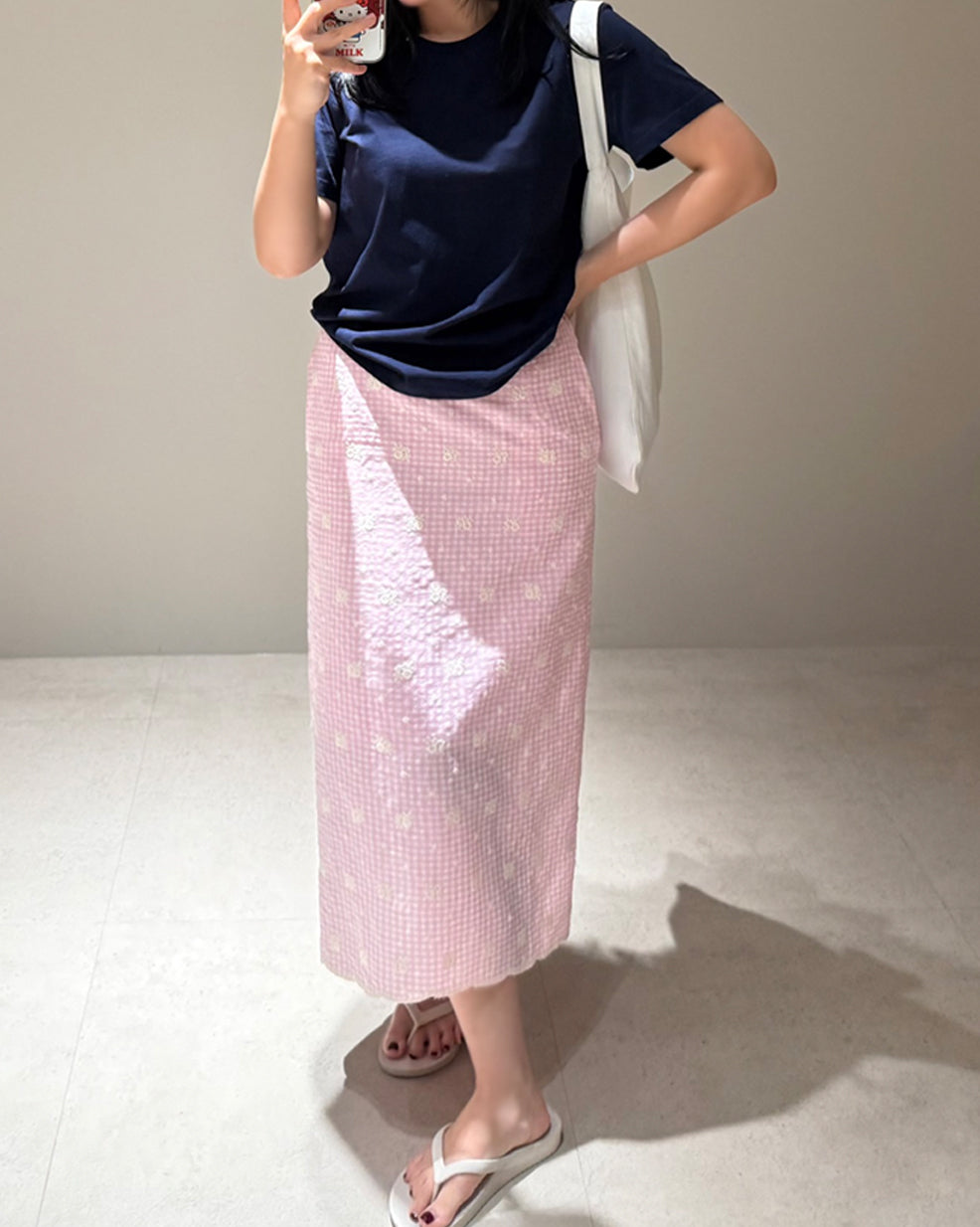 Pink Check Floral Embroidery Straight Skirt