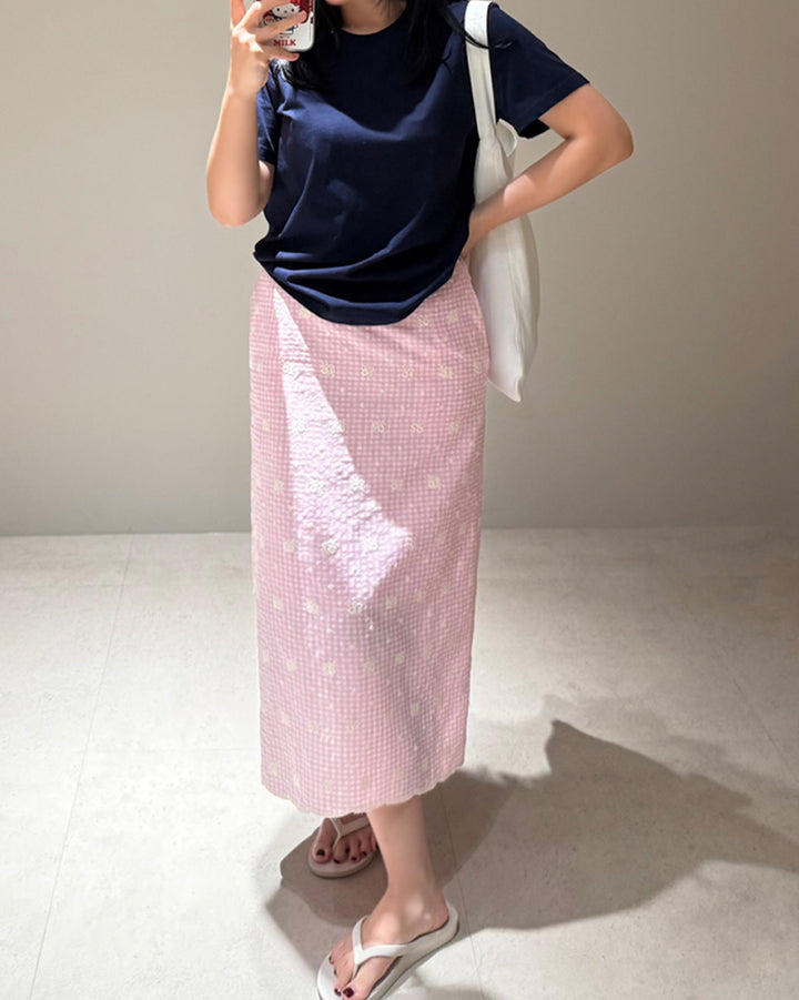 Pink Check Floral Embroidery Straight Skirt