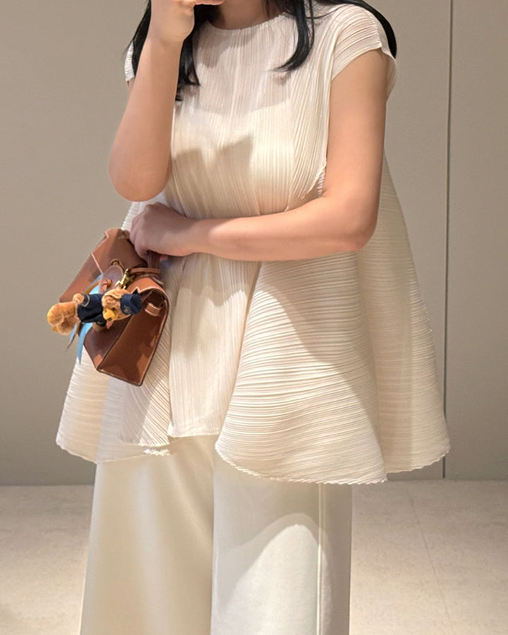 Pleated A-Line Cap Sleeve Blouse