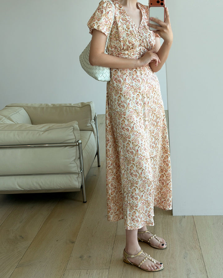 Silk Blend Floral V-Neck Maxi Dress