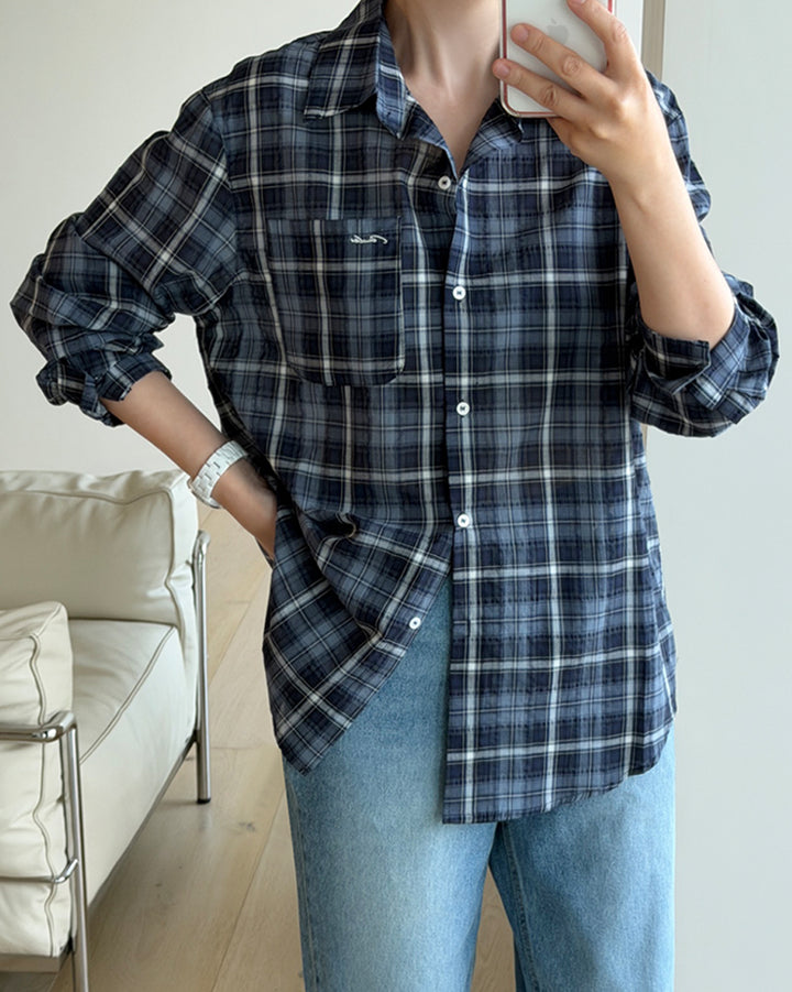 Embroidered Pocket Plaid Button-Down Shirt