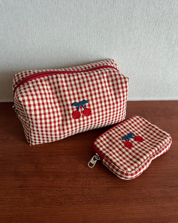 Cherry Embroidery Gingham Pouch