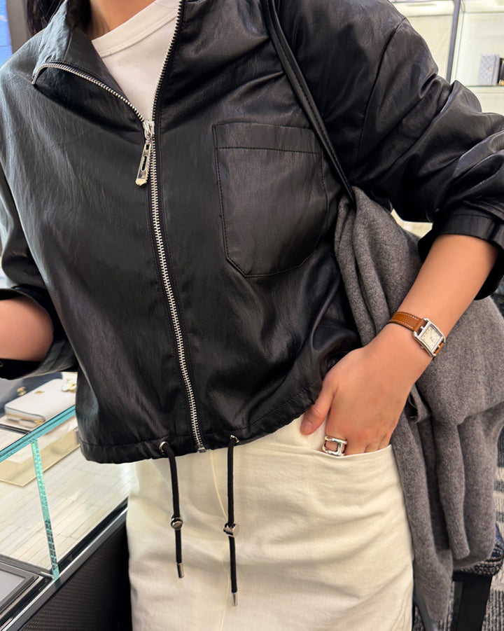 ドローストリング ショート フェイクレザー ジャケット