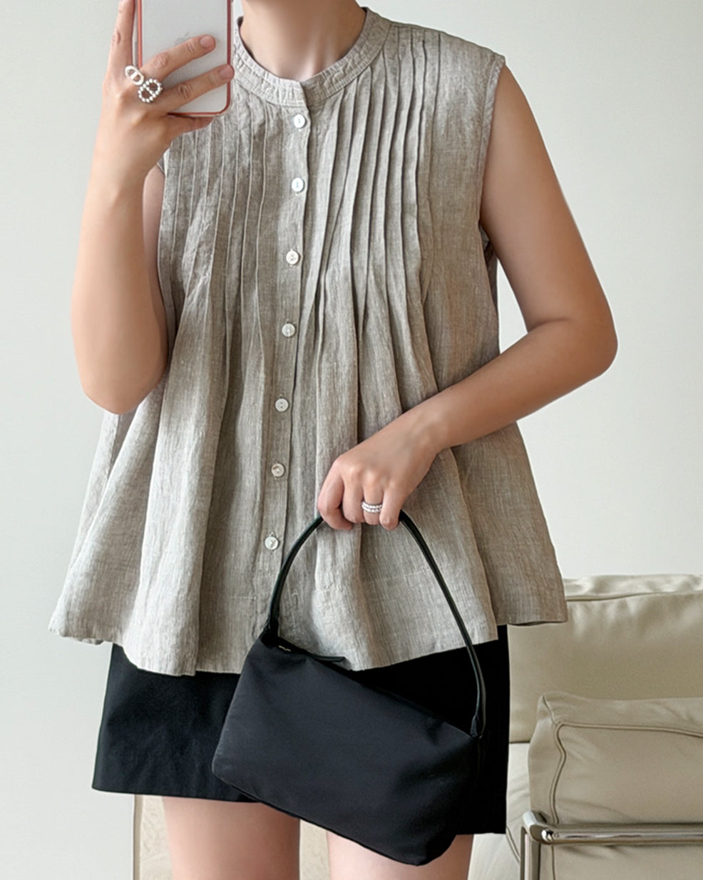 Pure Linen Pintuck Sleeveless Blouse