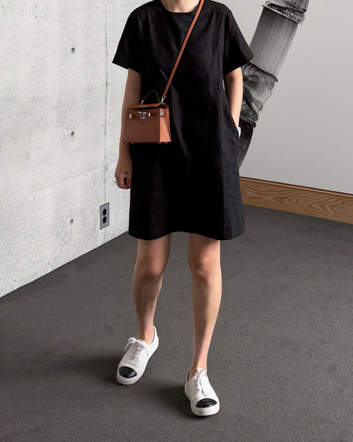 Minimalist Black Linen Pocket Dress