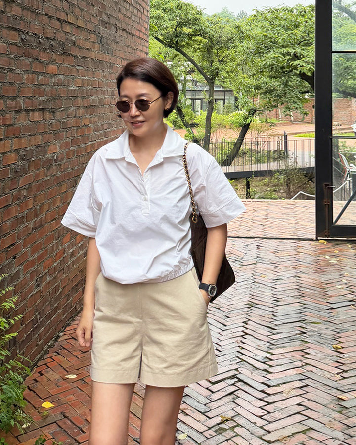 Crisp Cotton Elastic Hem Polo Blouse
