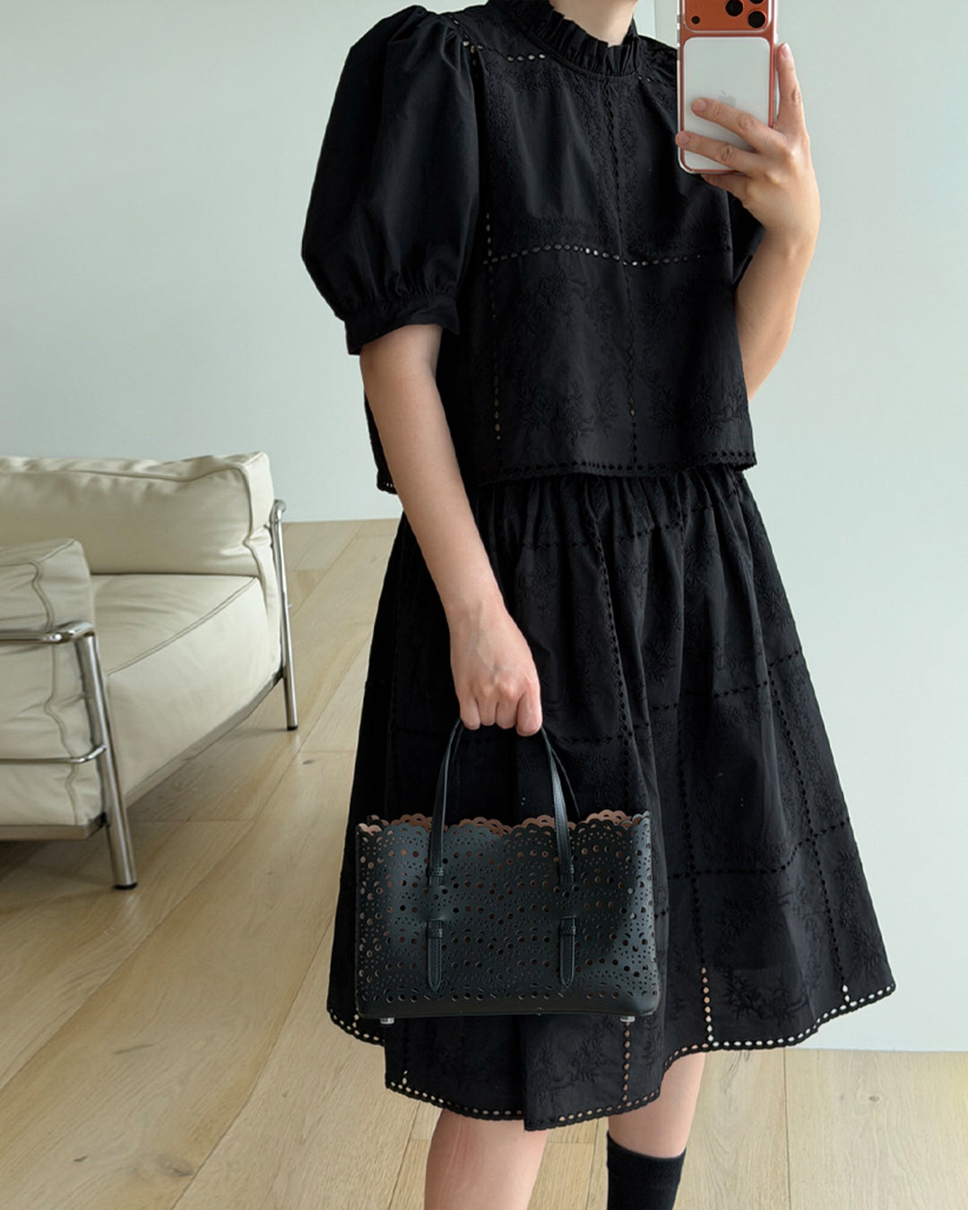Floral Eyelet Embroidered Puff Sleeve Blouse