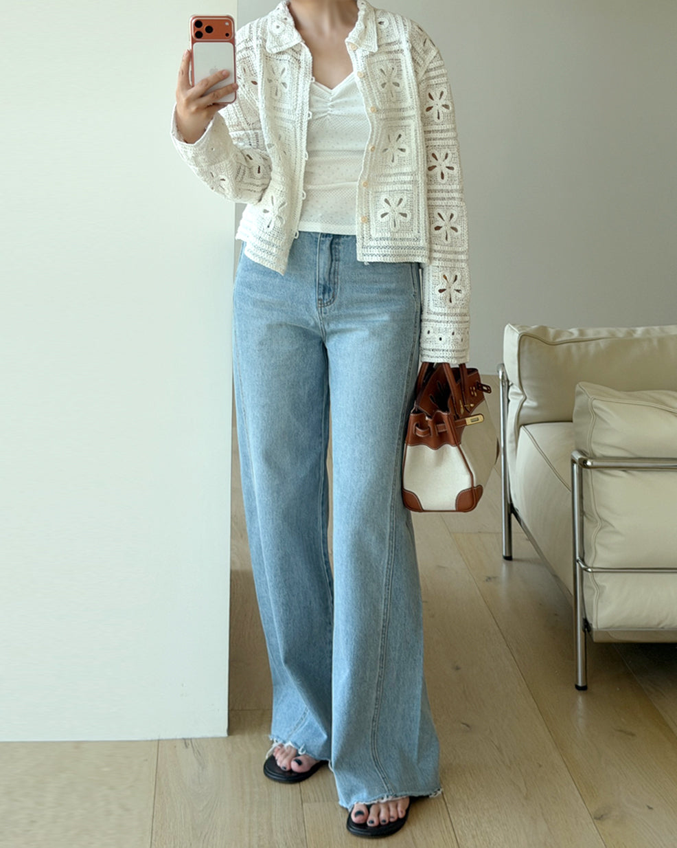 Front Seam Wide Leg Raw Hem Jeans