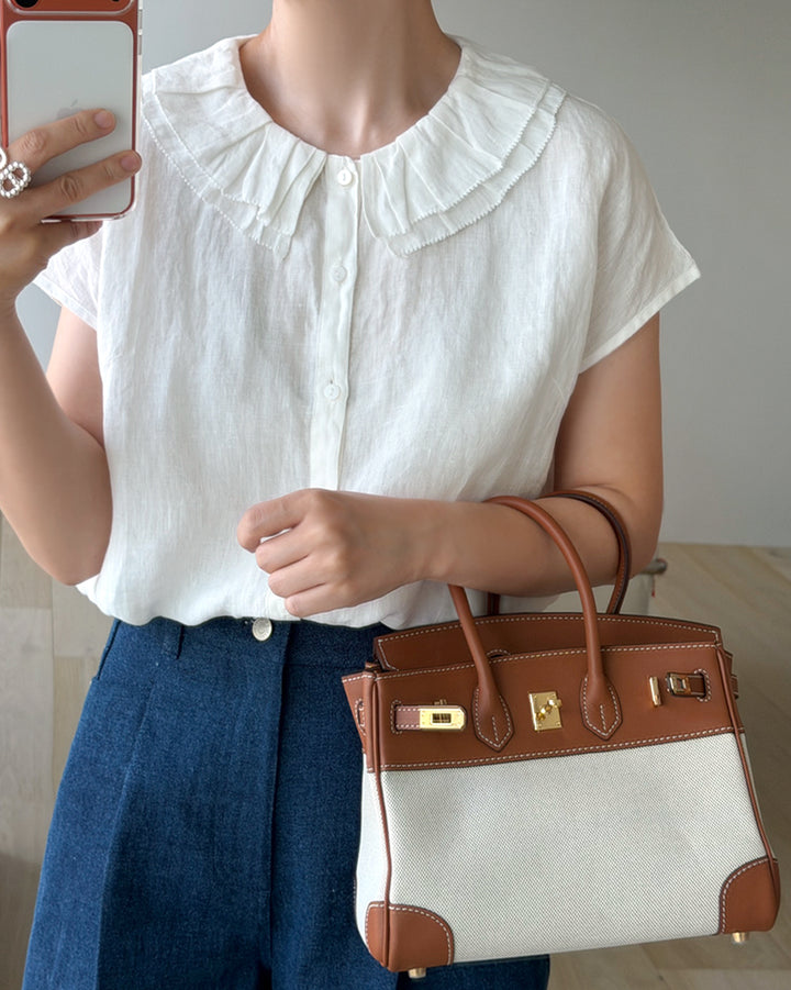 100% Pure Linen Ruffle Collar Blouse