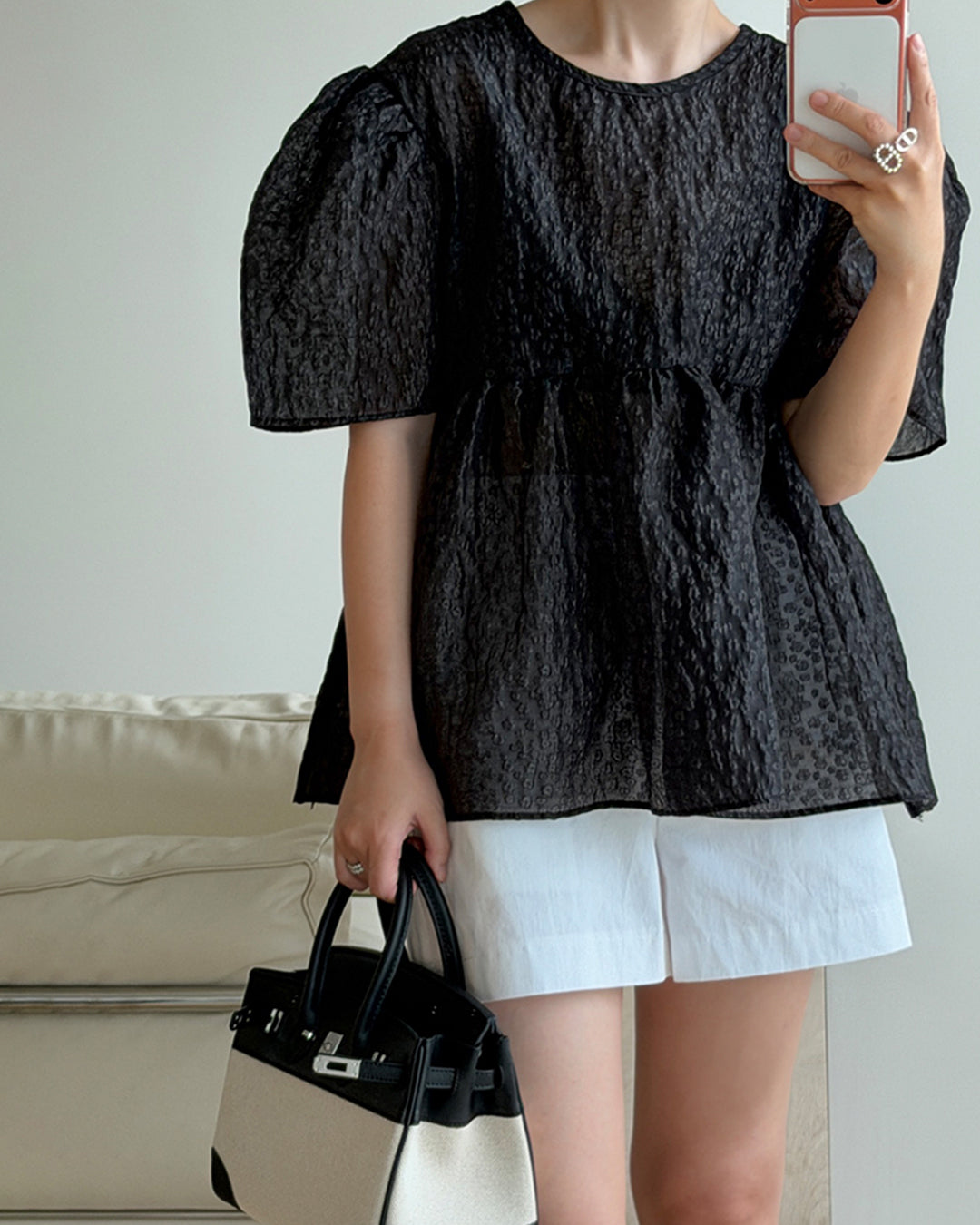 Textured Puff Sleeve Peplum Blouse