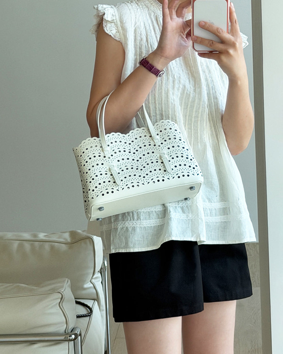 100% Linen Pintuck Ruffle Blouse