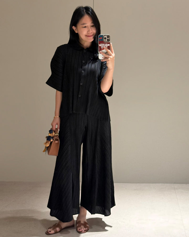 Textured Pleated Button-Down Blouse