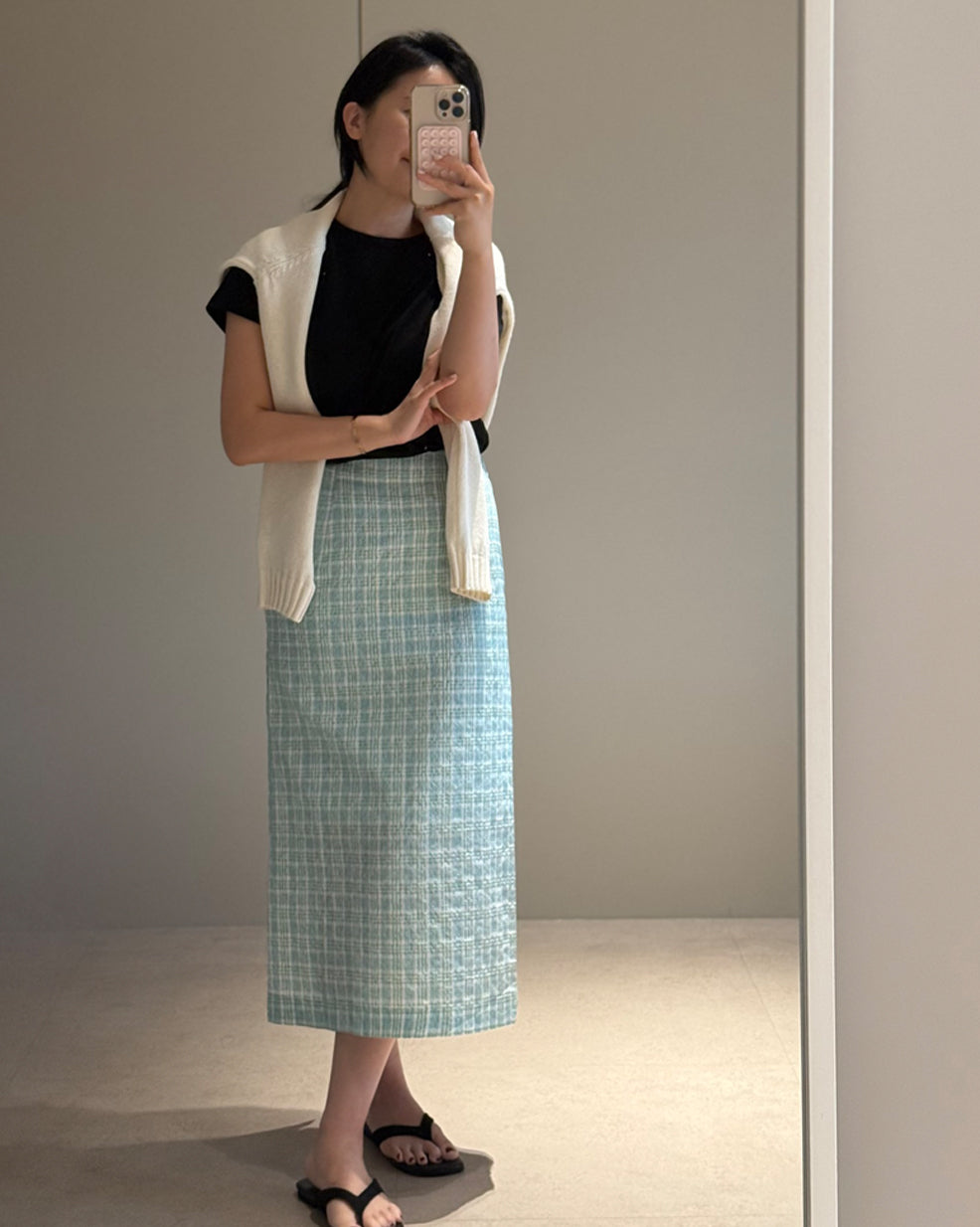 Textured Gingham Straight Long Skirt
