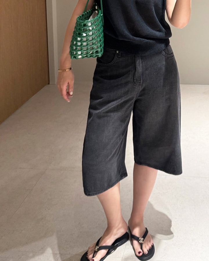 Loose Fit Washed Black Denim Shorts