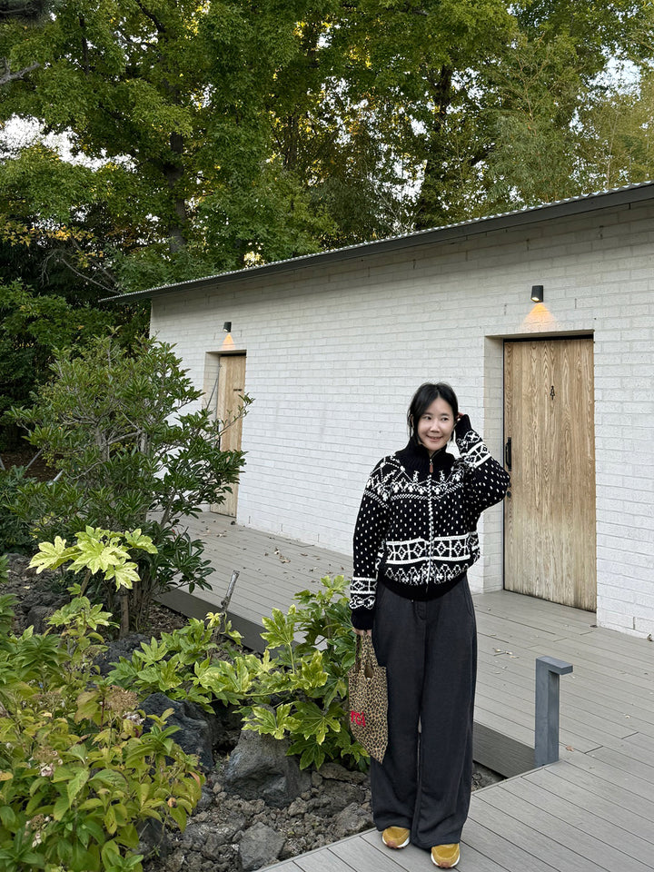 Nordic Pattern Mock Neck Zip-Up Knit Sweater