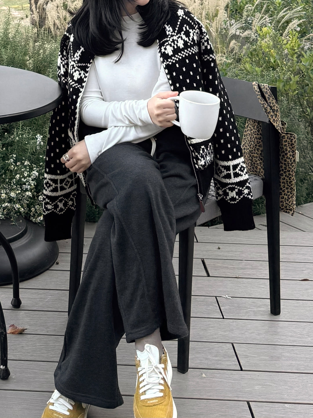 Nordic Pattern Mock Neck Zip-Up Knit Sweater
