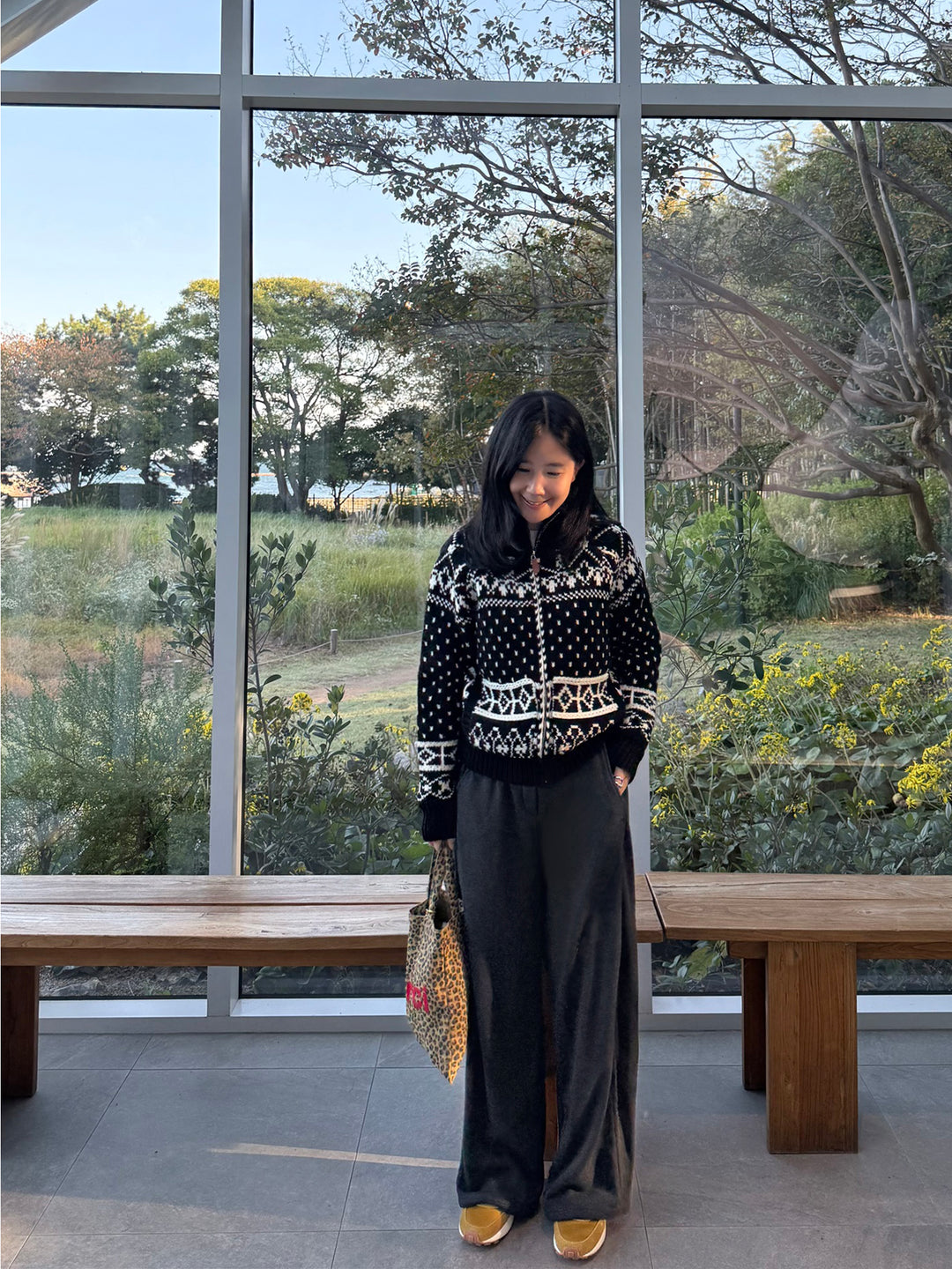 Nordic Pattern Mock Neck Zip-Up Knit Sweater