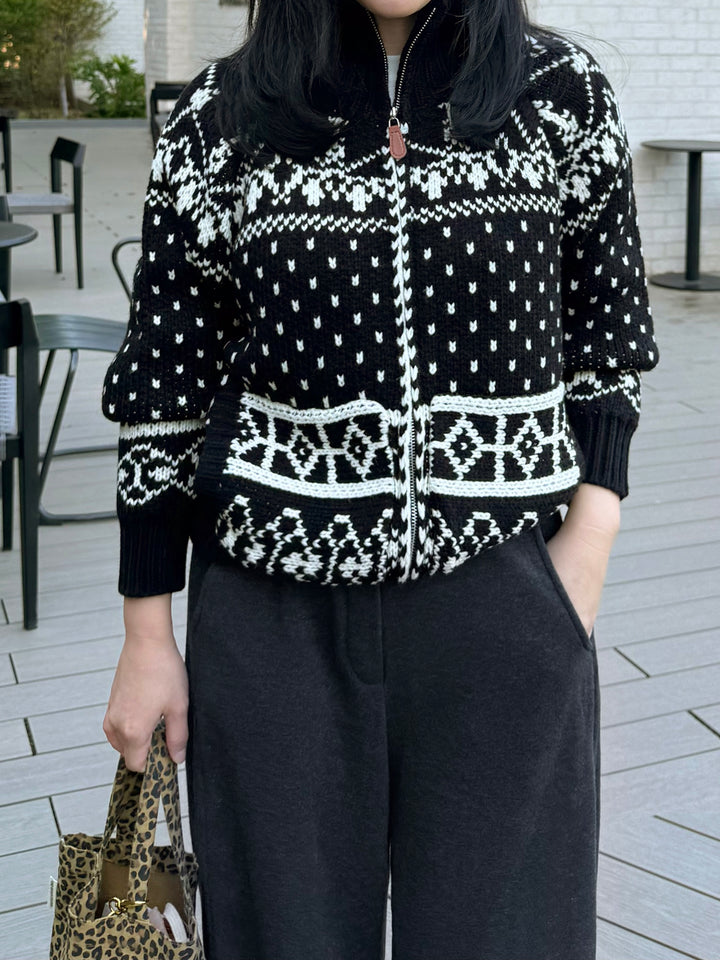 Nordic Pattern Mock Neck Zip-Up Knit Sweater