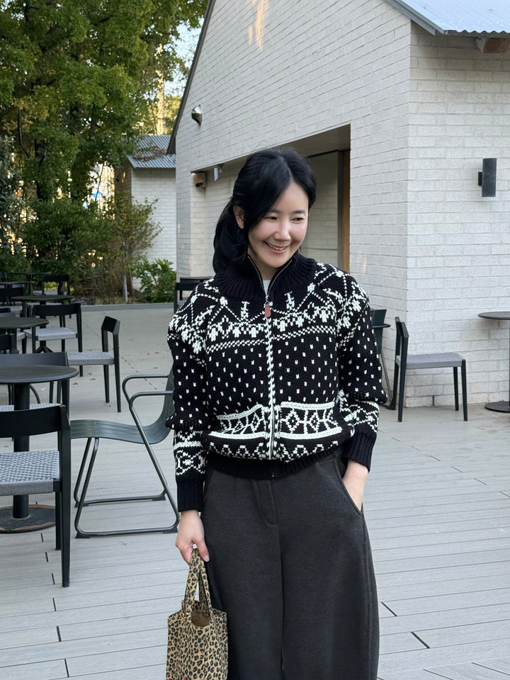 Nordic Pattern Mock Neck Zip-Up Knit Sweater