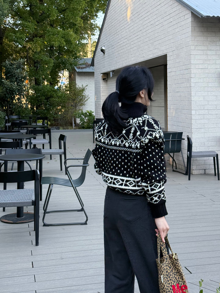 Nordic Pattern Mock Neck Zip-Up Knit Sweater