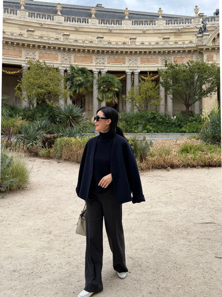 Semi-Handmade Boiled Wool Short Jacket-Navy
