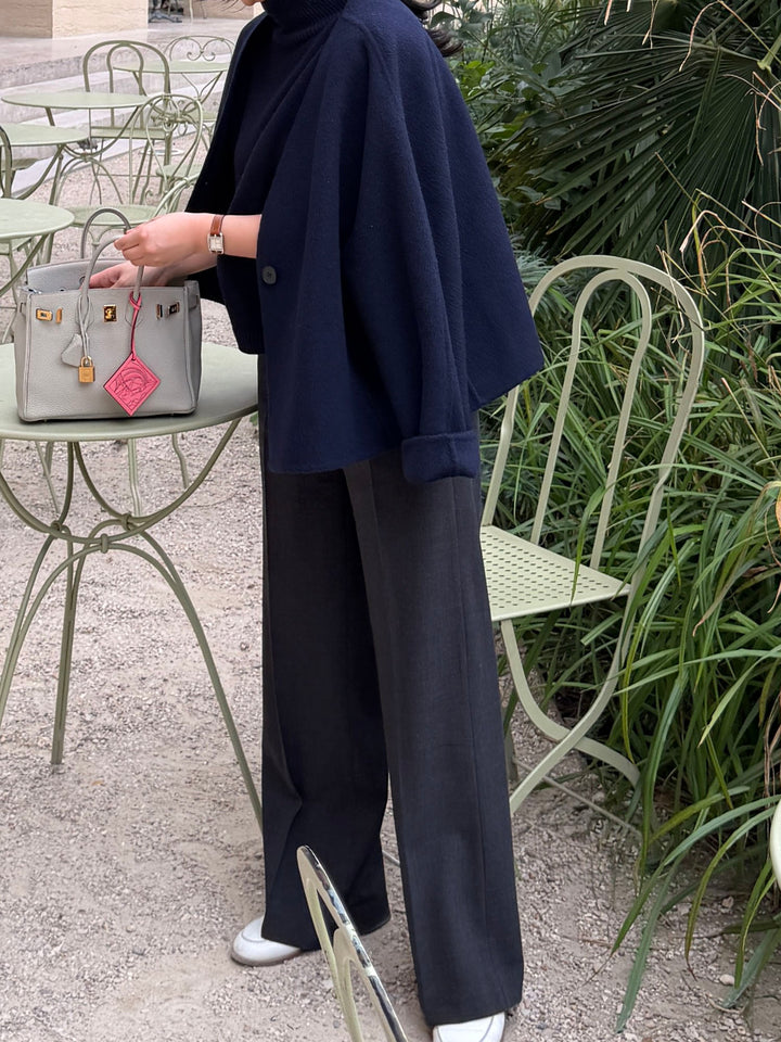Semi-Handmade Boiled Wool Short Jacket-Navy
