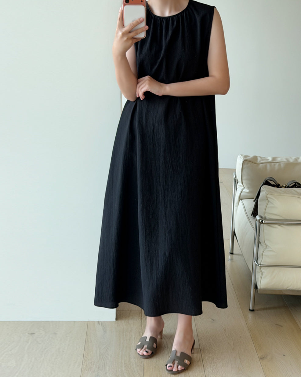 Gathered Neck Textured Long Dress