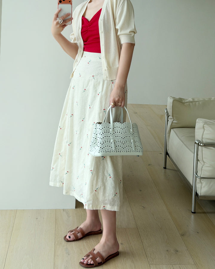 Vintage Floral Embroidered Plaid A-Line Long Skirt