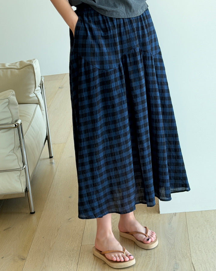Gingham Tiered Elastic Waist Maxi Skirt