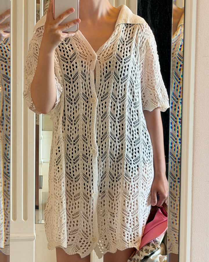 Crochet Knit Collared Cover-Up Cardigan