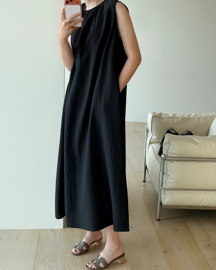 Gathered Neck Textured Long Dress