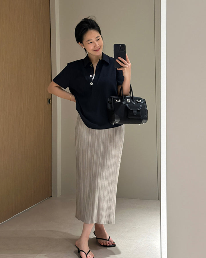 Shimmer Pleated Elastic Maxi Skirt