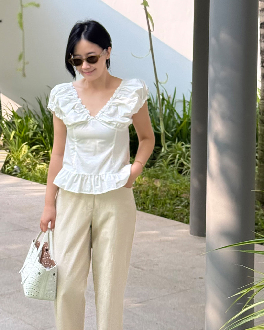Cotton Ruffled Cap Sleeve Peplum Blouse